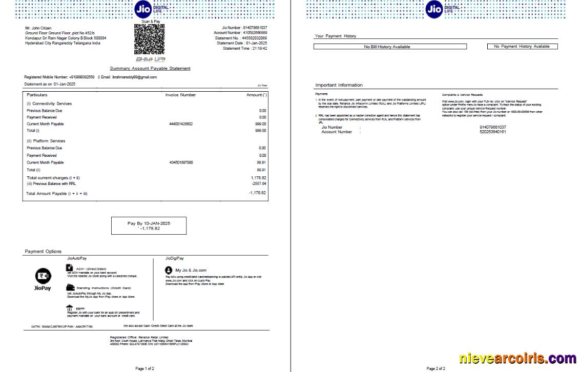 India Jio Digital Life utility bill, 2 pages, version 3